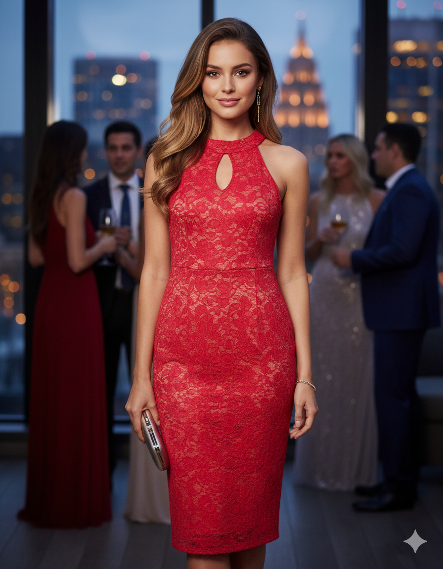 Vestido largo de encaje con escote halter que realza tu sensualidad elegante