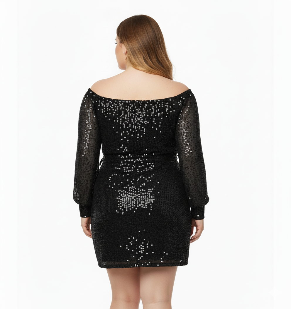 Vestido corto brillante con escote en V que estiliza con sensualidad elegante