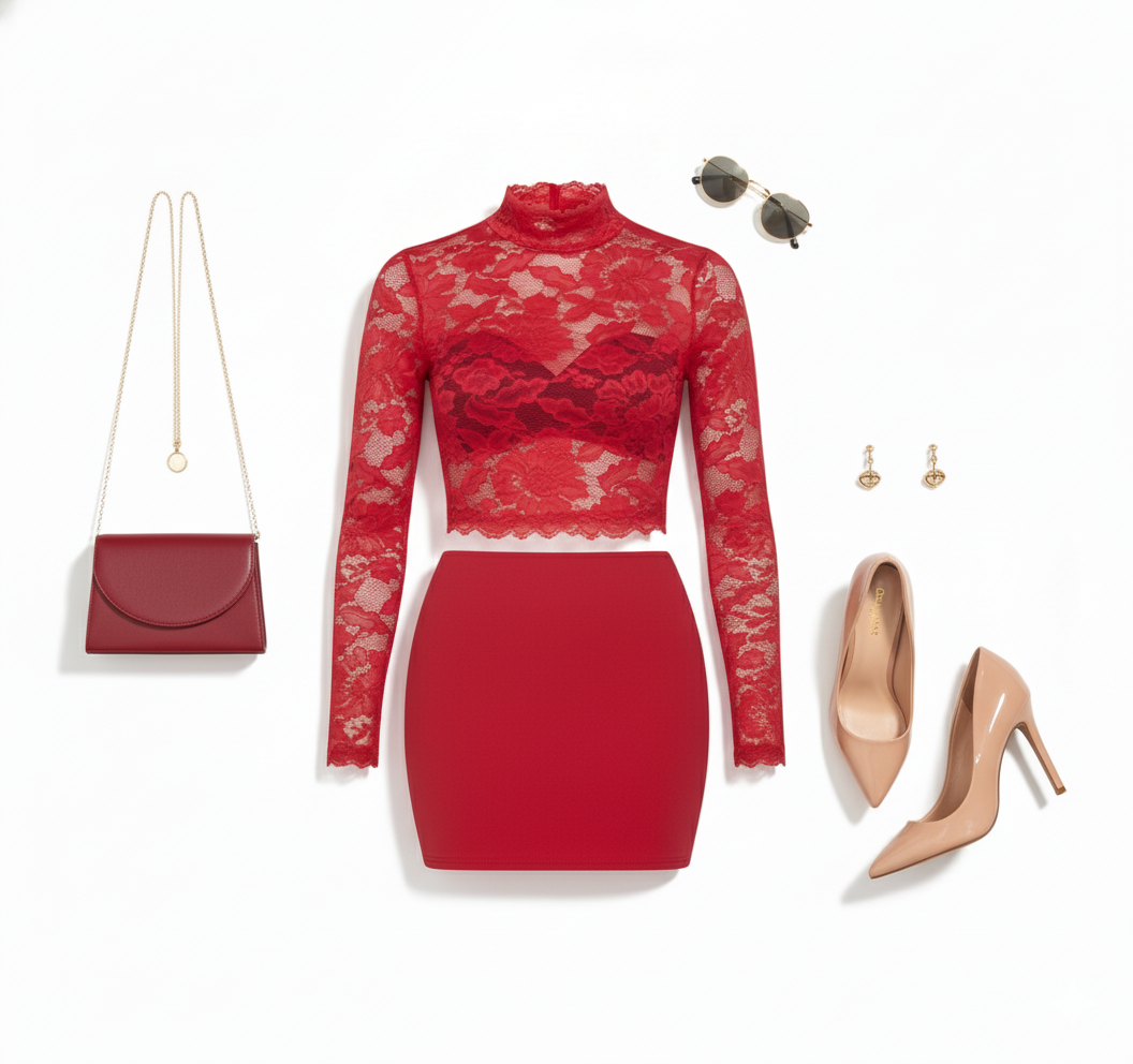 Conjunto con minifalda y blusa de encaje que define tu silueta