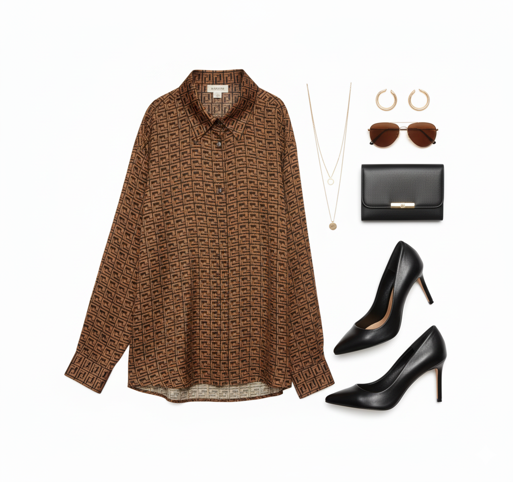 Blusa manga larga satinada con estampado que aporta sofisticación visual