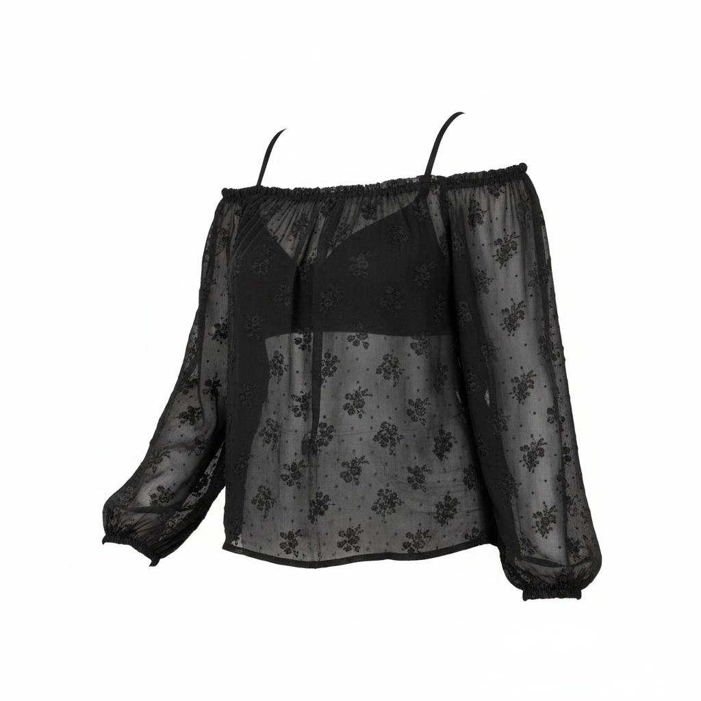 Blusa off shoulder con transparencias florales que evoca romanticismo campirano