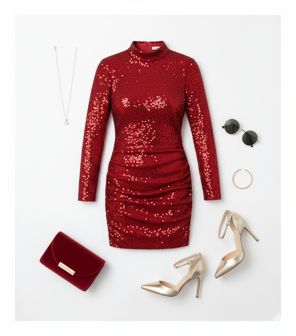 Vestido corto de lentejuelas con cuello alto que impone elegancia con brillo