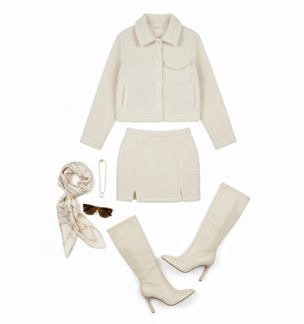Conjunto de falda y saco afelpado que combina calidez y estilo chic