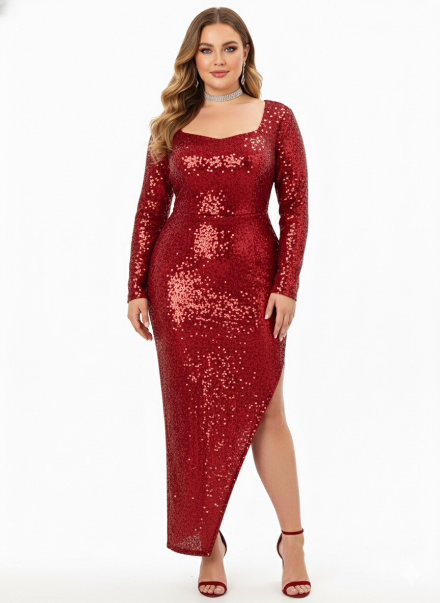 Vestido largo de lentejuelas con escote que celebra tus curvas con glamour