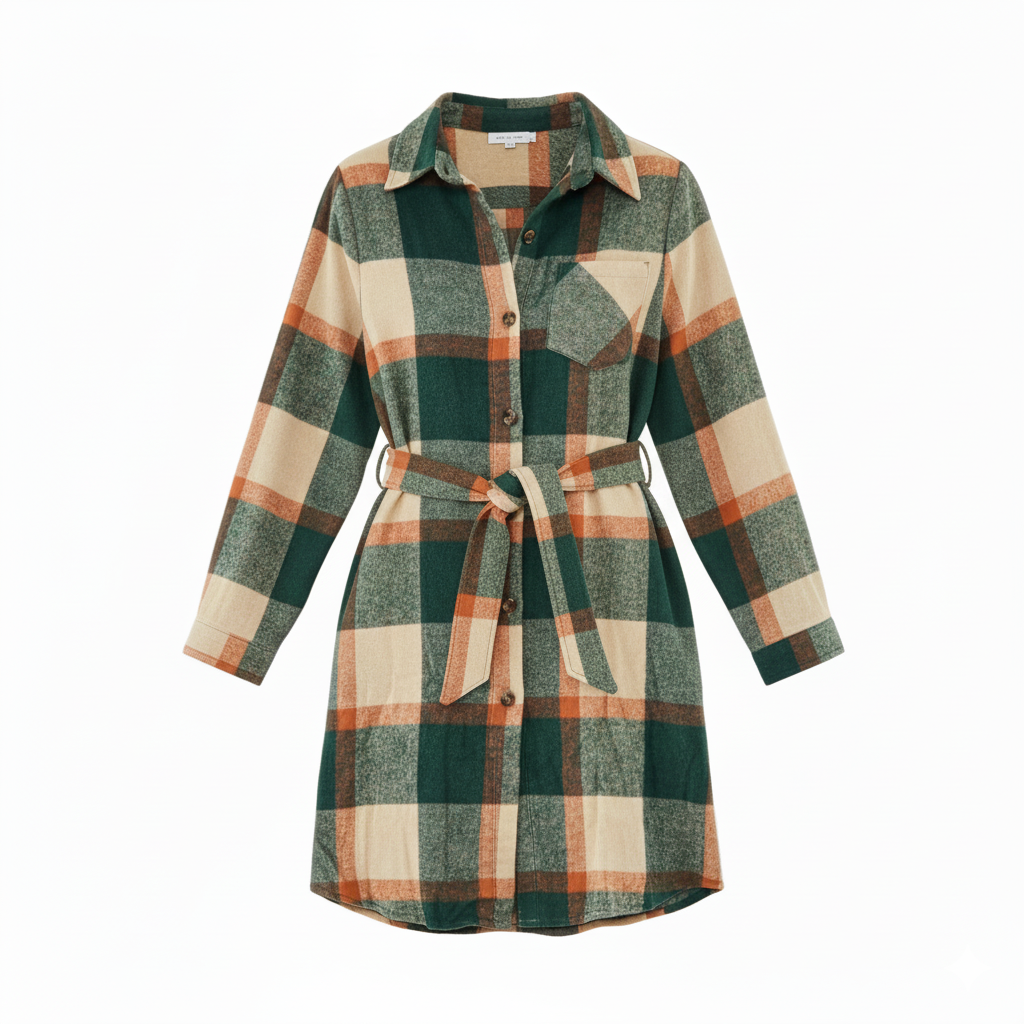 Vestido corto camisero de franela que transmite autenticidad relajada