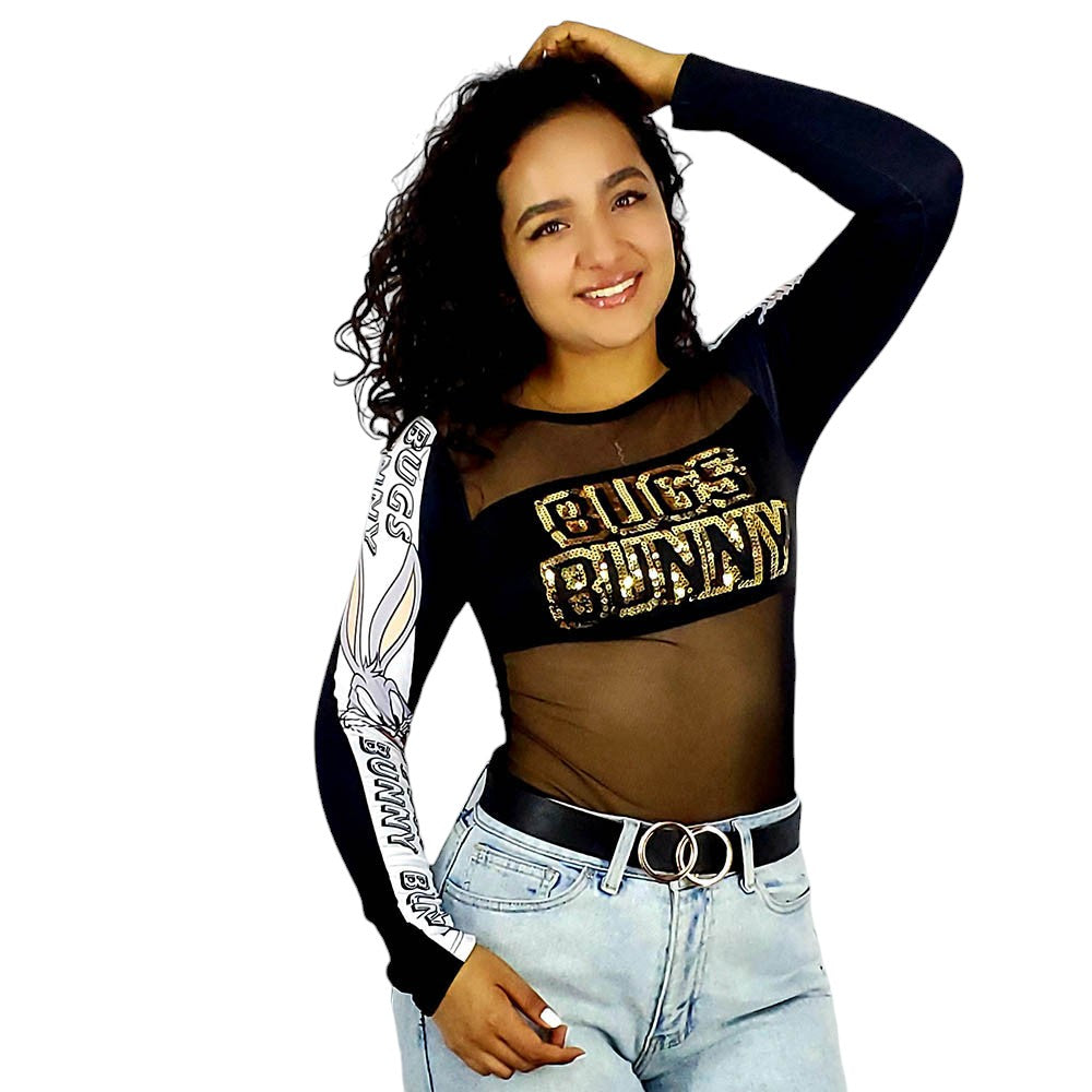 Pantyblusa transparente con brillo y estampado urbano que enciende tu estilo