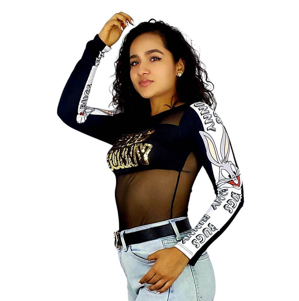 Pantyblusa transparente con brillo y estampado urbano que enciende tu estilo