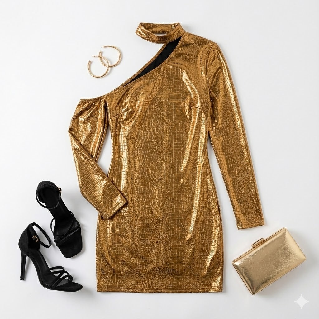 Minivestido con escote asimétrico que brilla con glamour moderno