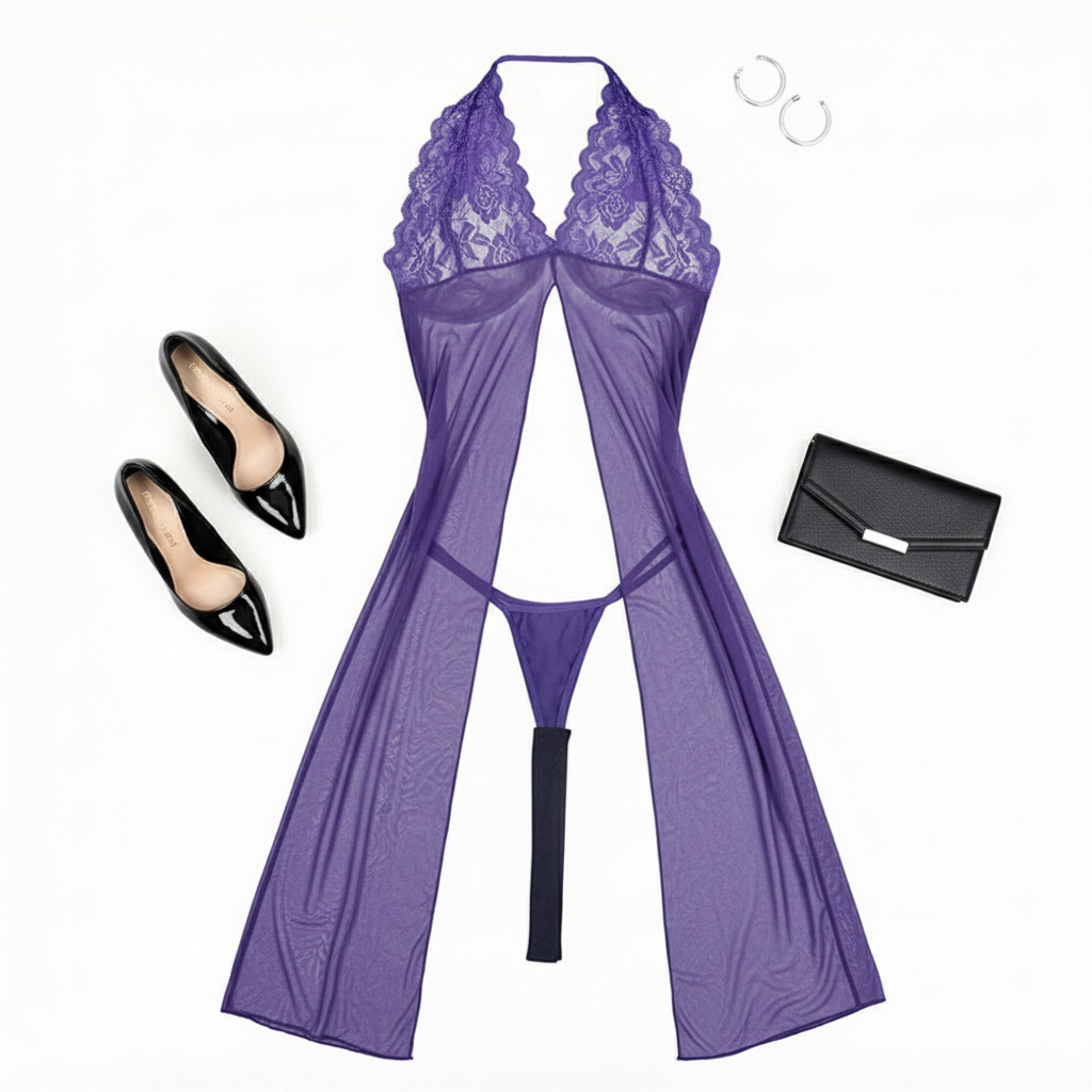Babydoll largo de encaje y transparencias con escote halter y corte sensual