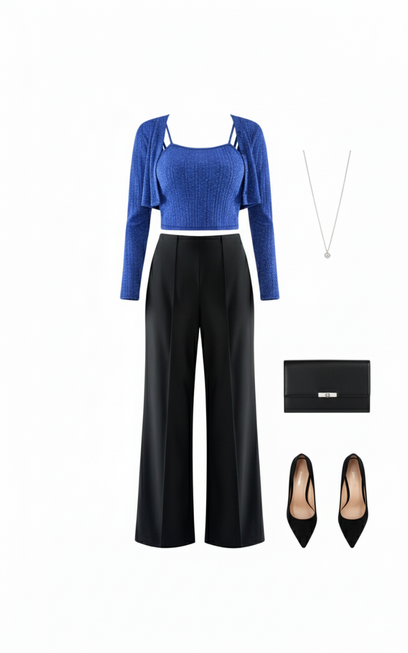 Conjunto acampanado de tres piezas con brillo sutil que estiliza tu silueta