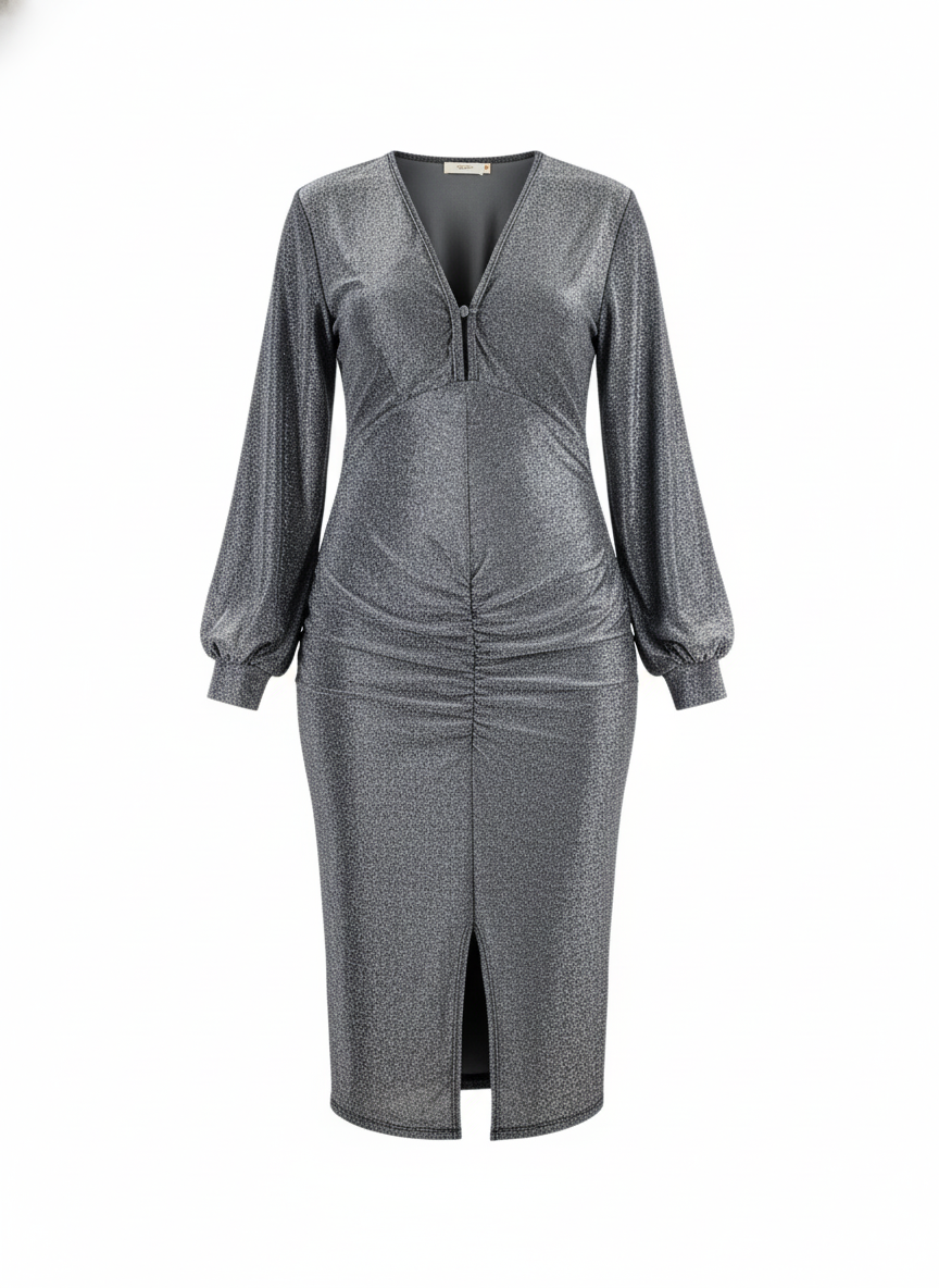 Vestido largo con escote en V que ilumina tu presencia con elegancia metálica