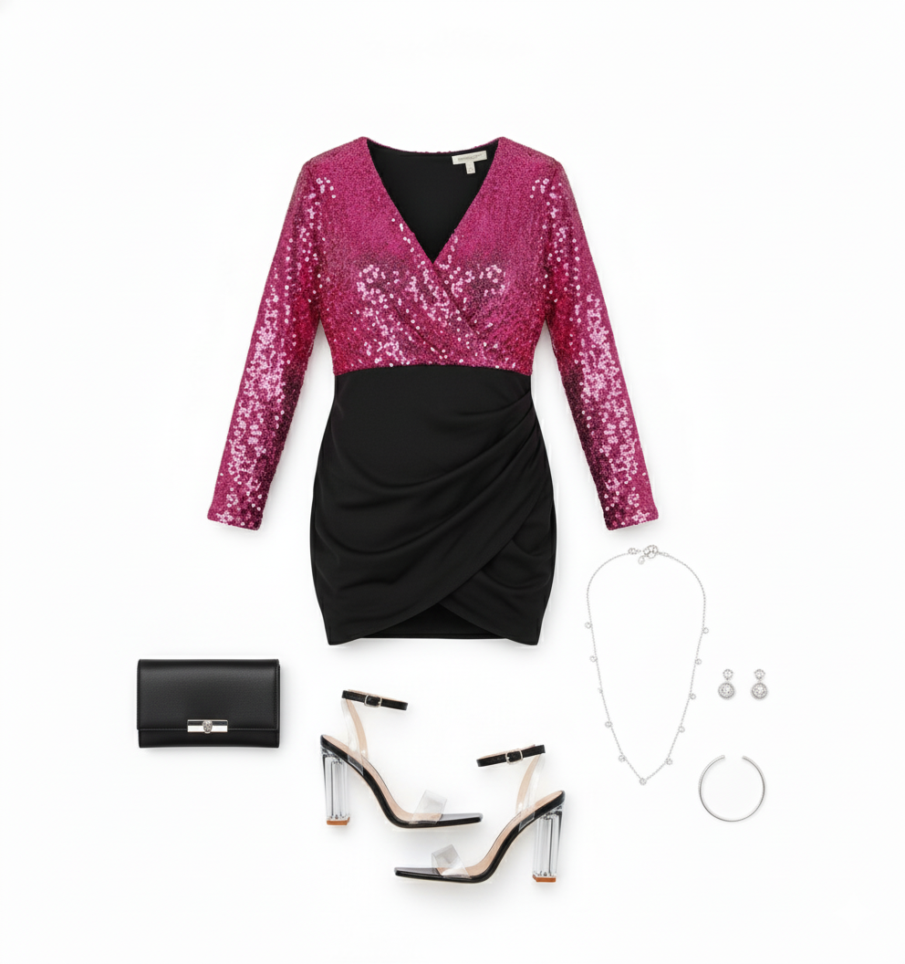 Vestido mini manga larga con brillo que realza tu silueta con elegancia festiva