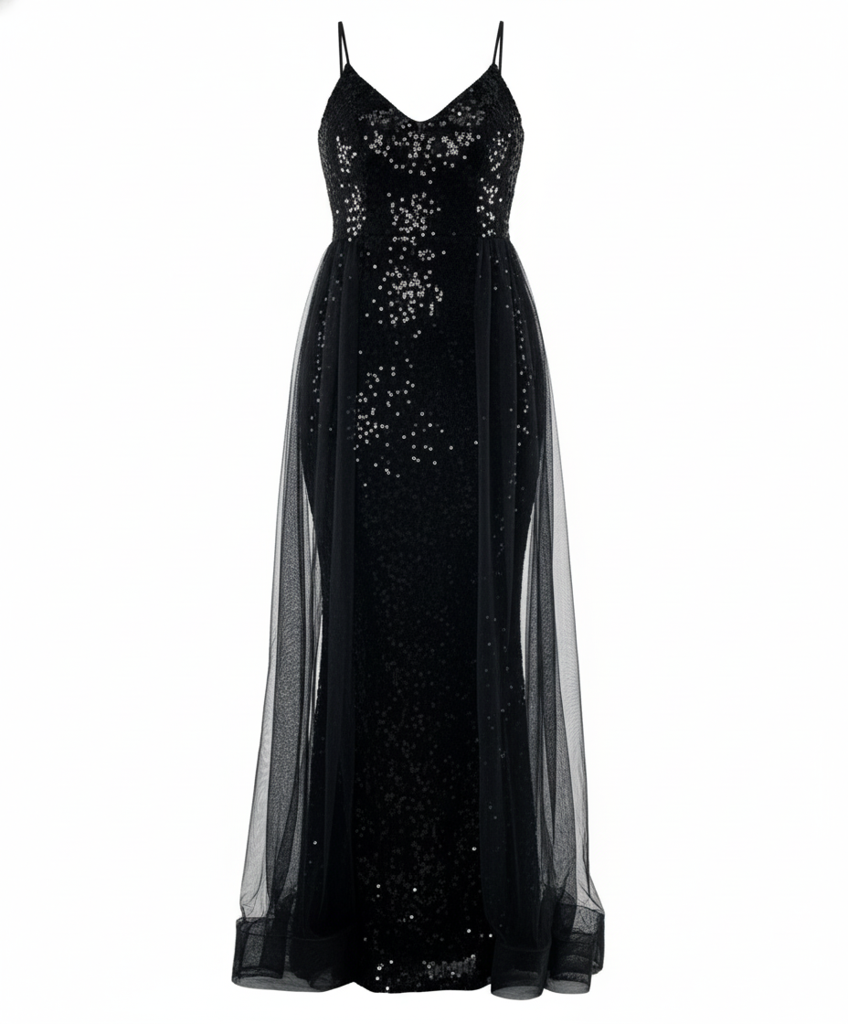 Vestido largo con escote corazón y caída de tul que realza tu elegancia