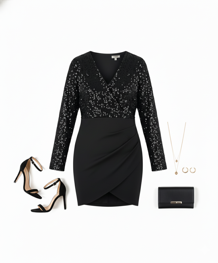 Vestido mini manga larga con brillo que realza tu silueta con elegancia festiva