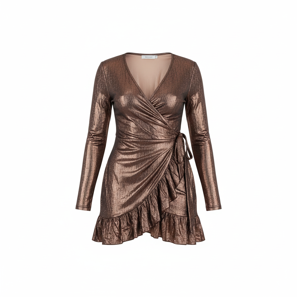 Vestido corto metálico con escote en V y olanes que realzan tu silueta