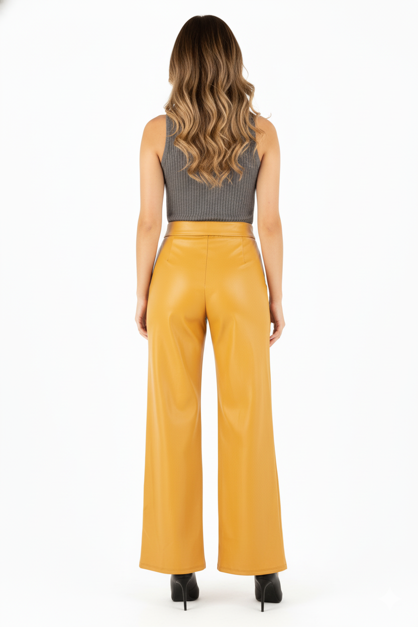 Pantalón acampanado con efecto vinilado que alarga tu silueta con estilo audaz