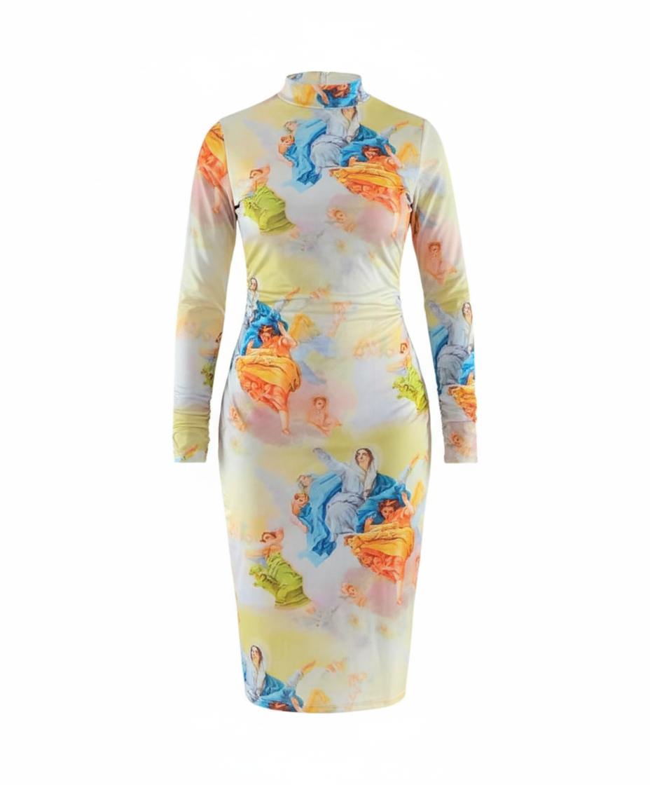 Vestido corte chanel con estampado celestial que estiliza con arte visual