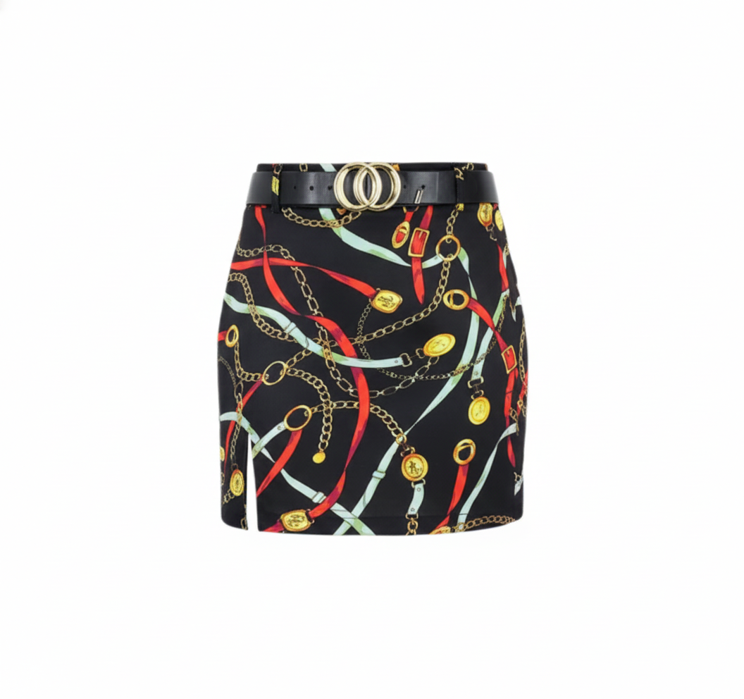 Minifalda estampada con cinturón que potencia tu estilo atrevido con elegancia