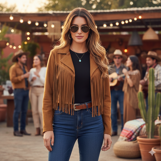 Chamarra vaquera con barbas que roba miradas al estilo western