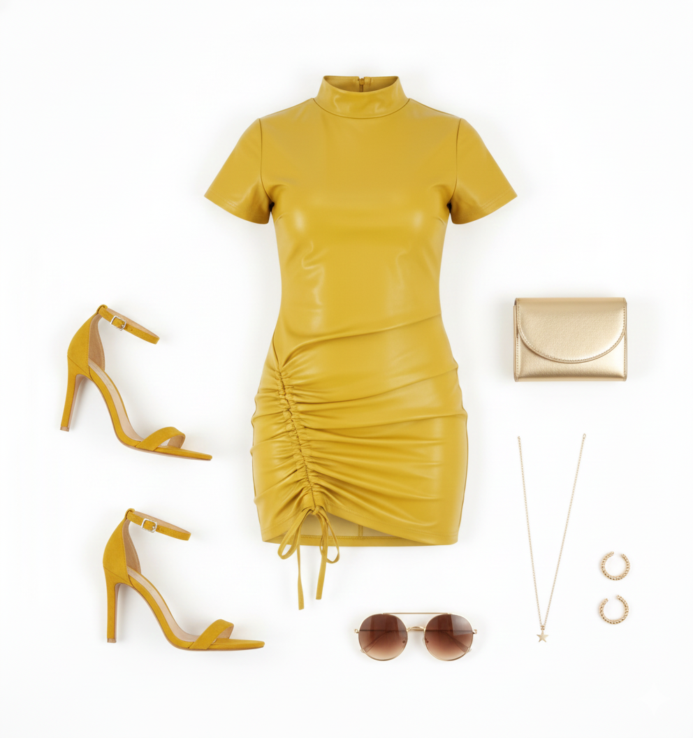 Minivestido entallado con cuello tortuga y fruncido lateral en efecto vinil