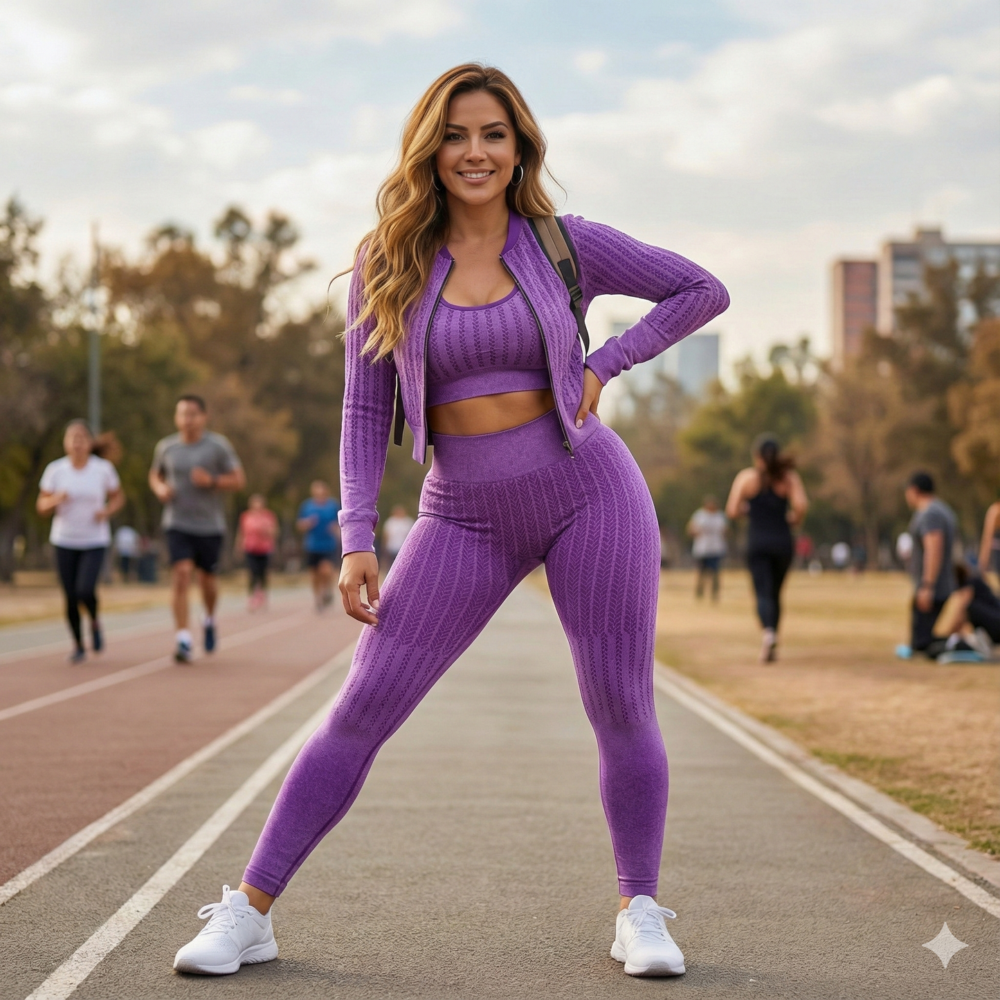 Conjunto deportivo largo con franjas de soporte que esculpe y estiliza tu figura