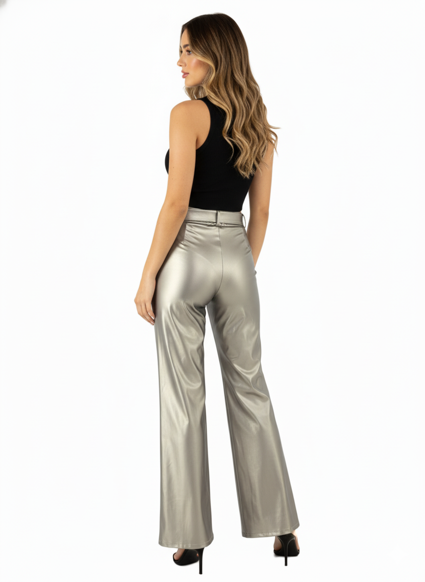 Pantalón acampanado con efecto vinilado que alarga tu silueta con estilo audaz