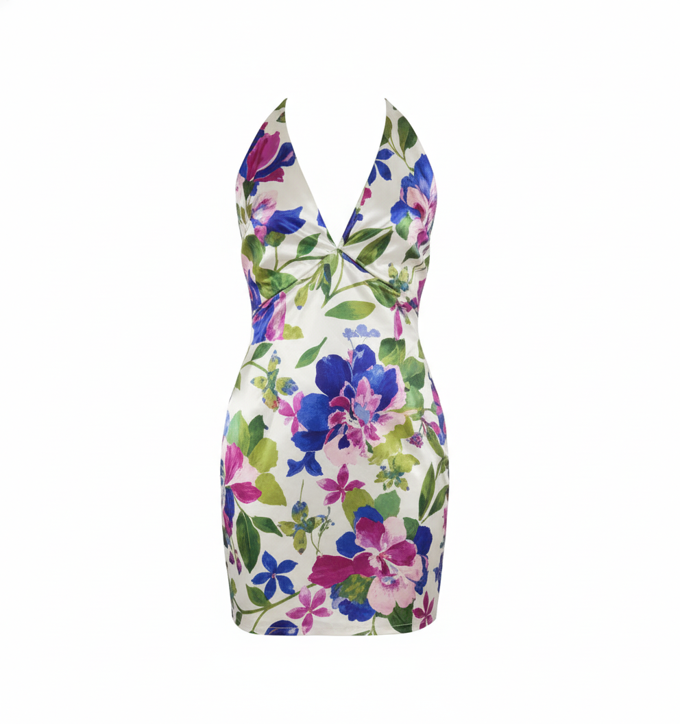 Vestido corto satinado con cuello halter que resalta tu figura con flores vibrantes