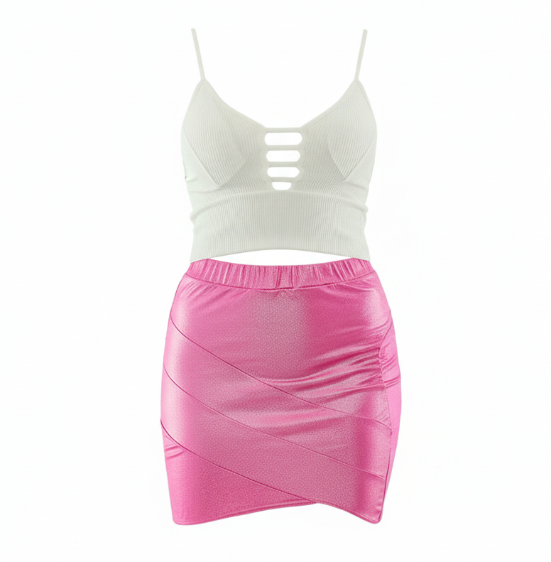 Conjunto satinado con top de tirantes que resalta tu figura con brillo sutil