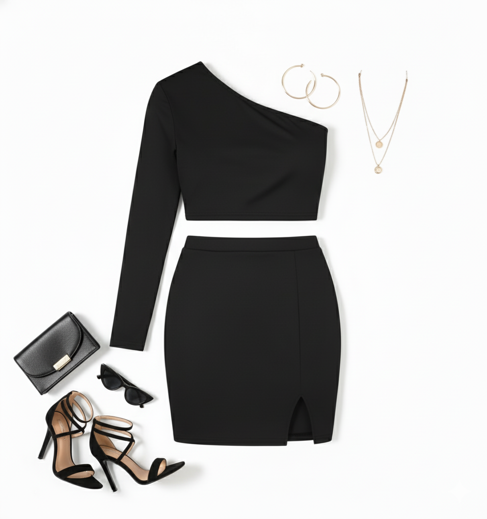 Conjunto asimétrico de impacto que resalta tu silueta con audacia