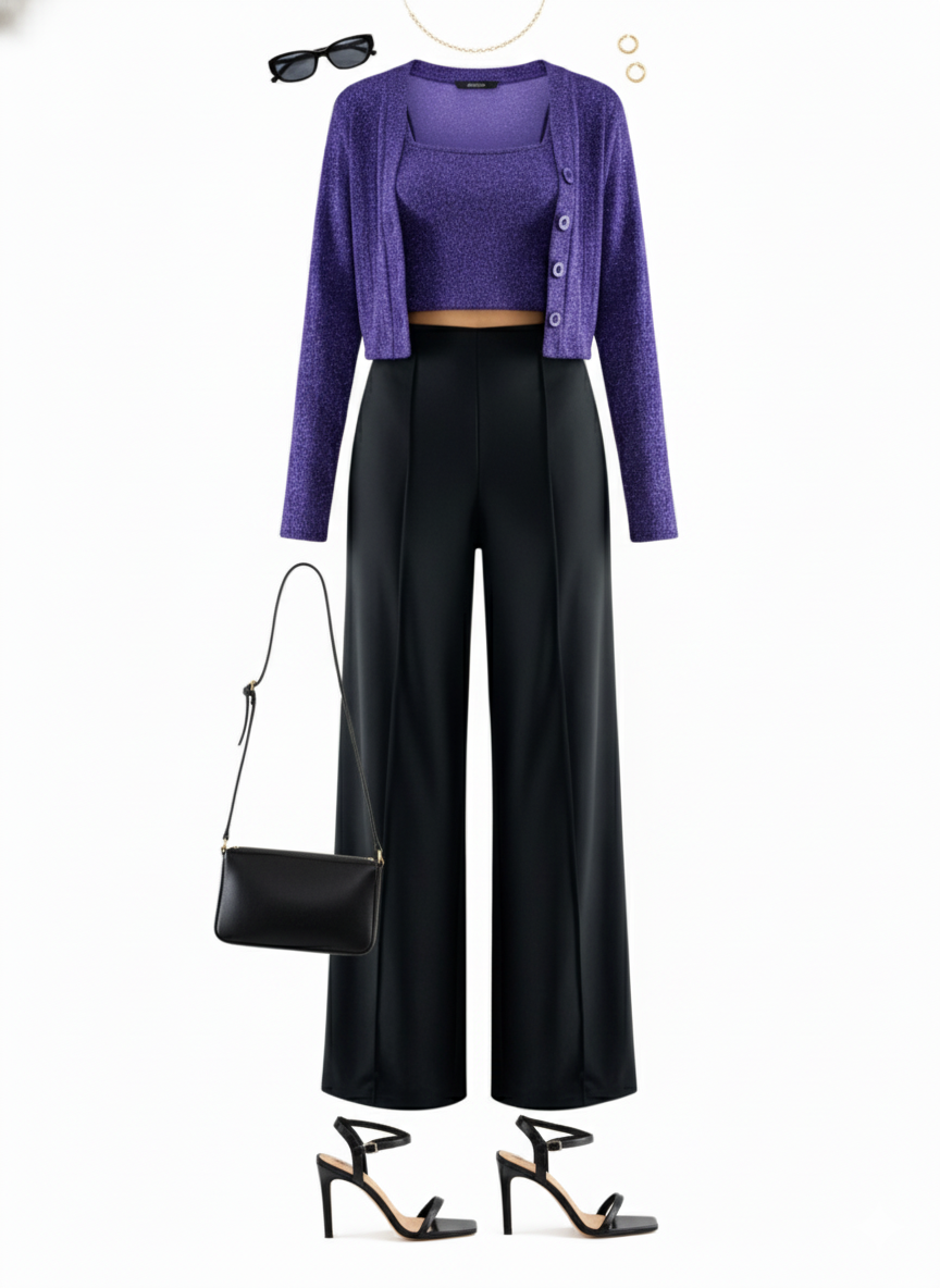 Conjunto acampanado de tres piezas con brillo sutil que estiliza tu silueta