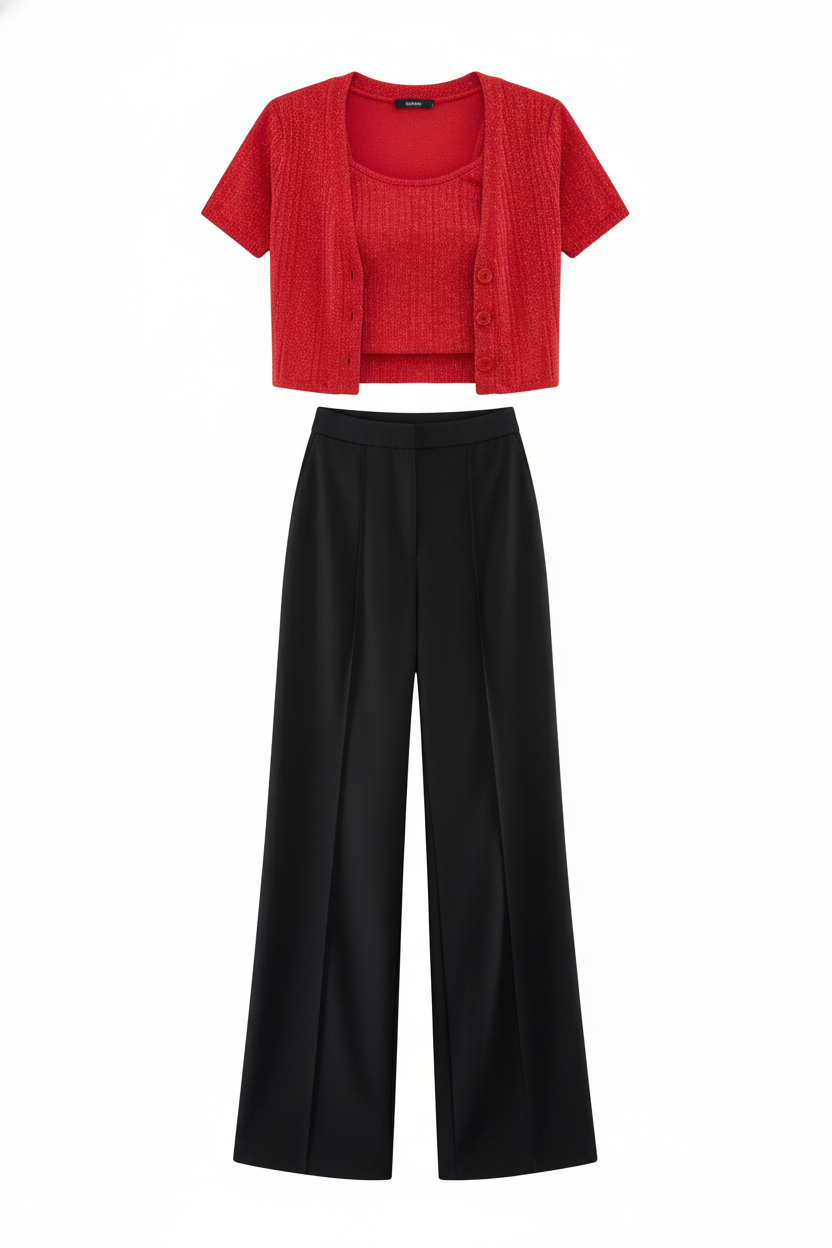 Conjunto acampanado de tres piezas con brillo sutil que estiliza tu silueta