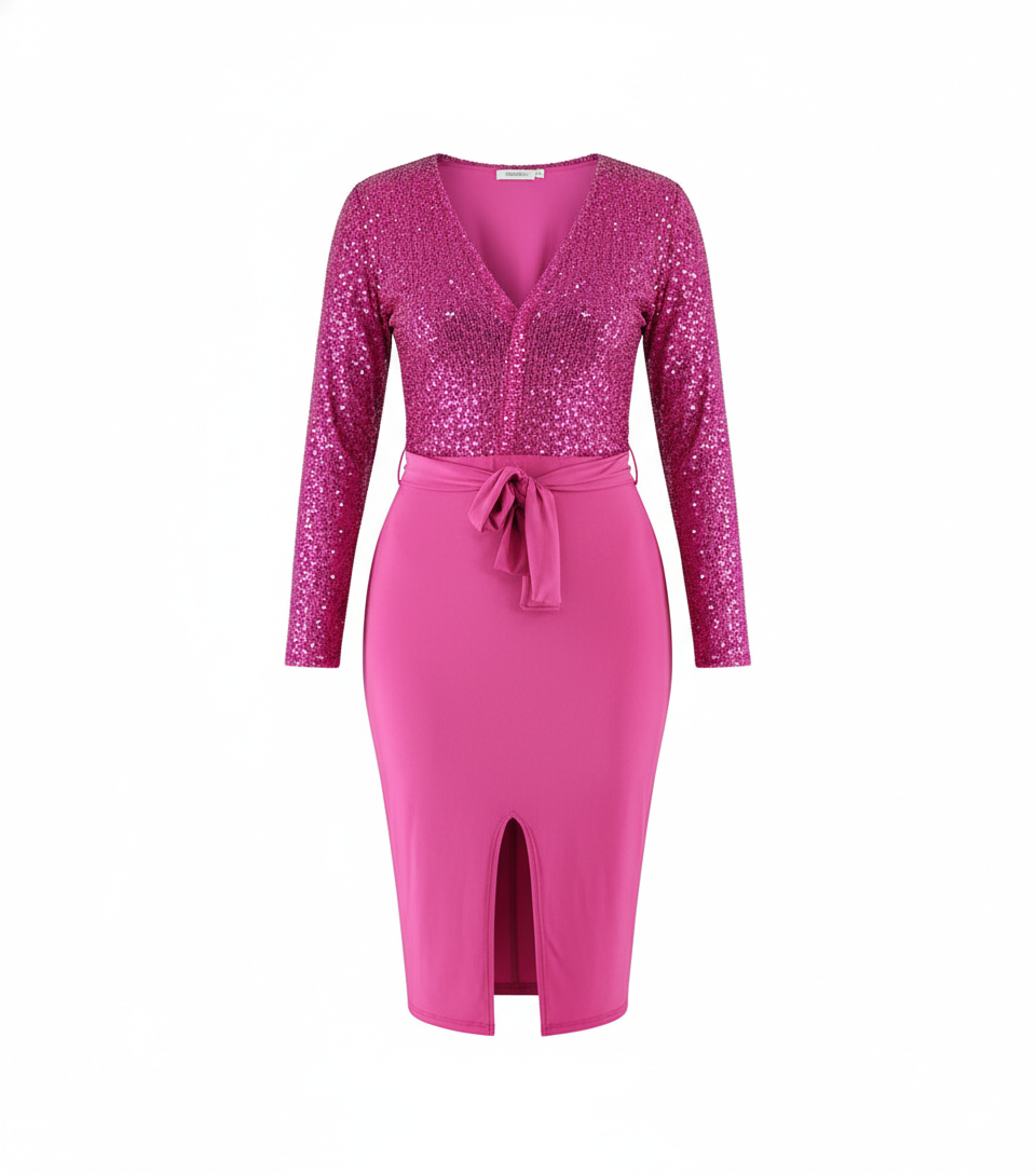 Vestido 3/4 con brillo que enmarca tu cintura y deslumbra al instante