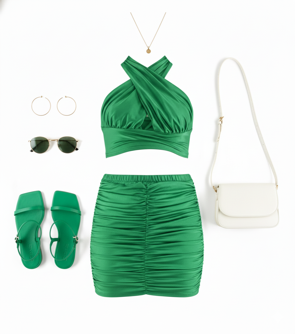 Conjunto falda corta y top cruzado que realza tu silueta con frescura moderna