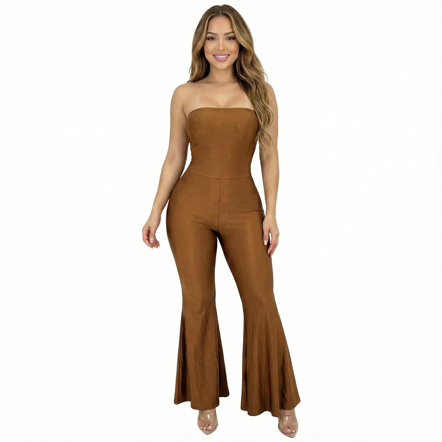 Jumpsuit palazzo strapless con caída acampanada que alarga tu silueta