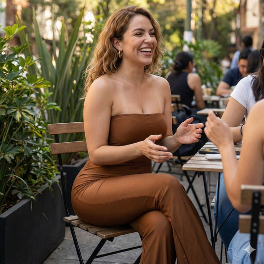 Jumpsuit palazzo strapless con caída acampanada que alarga tu silueta