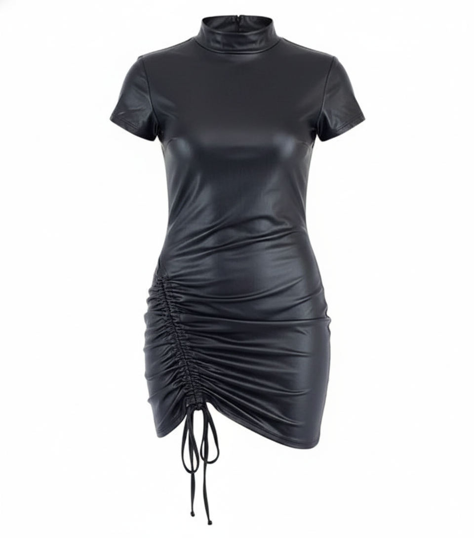 Minivestido entallado con cuello tortuga y fruncido lateral en efecto vinil