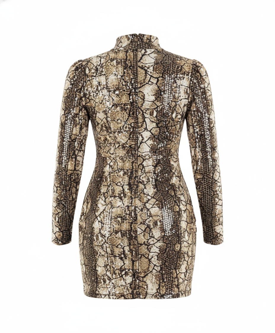 Vestido corto con textura víbora que marca tu silueta con audacia