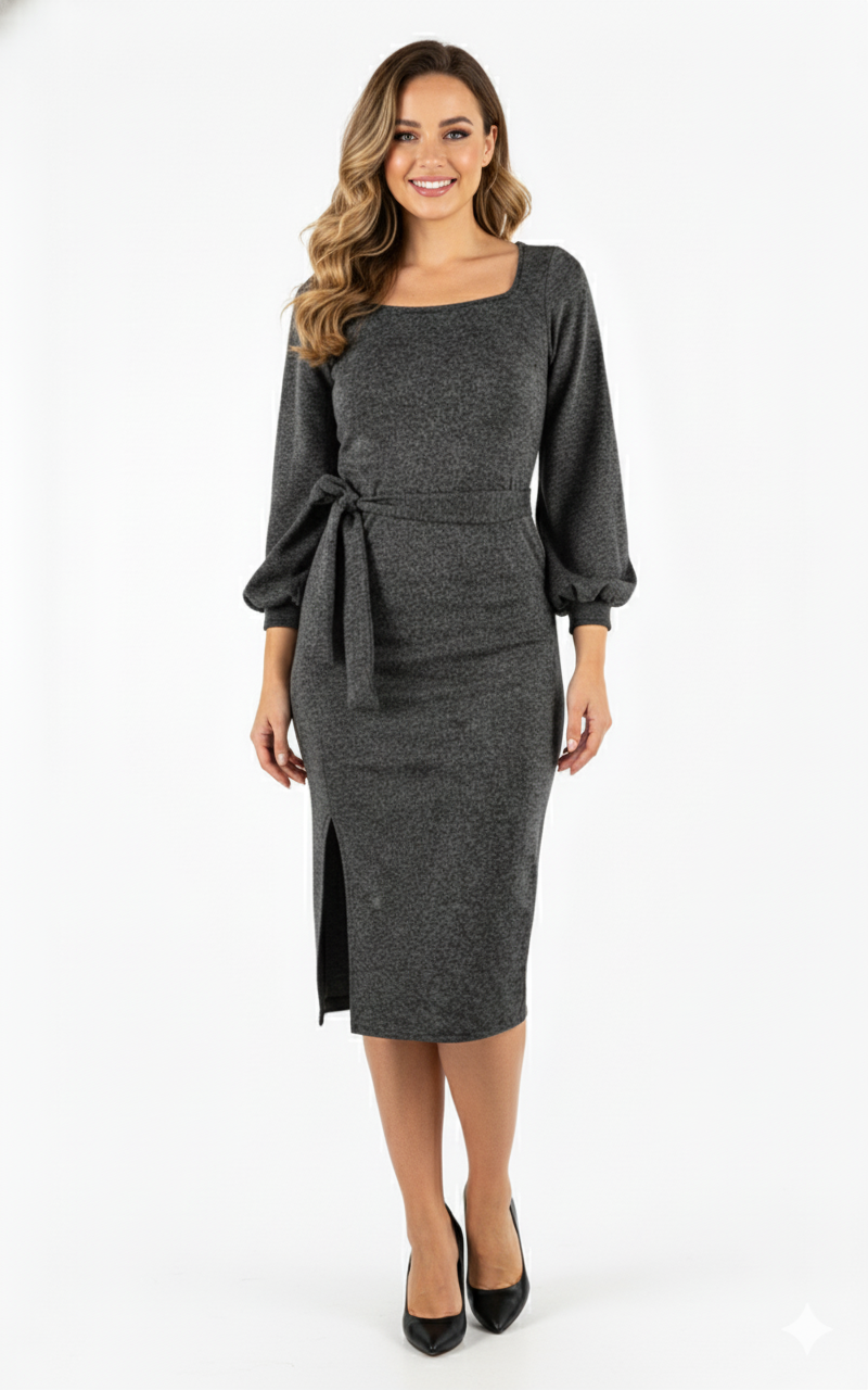 Vestido manga larga con brillo sutil que define tu cintura con elegancia relajada