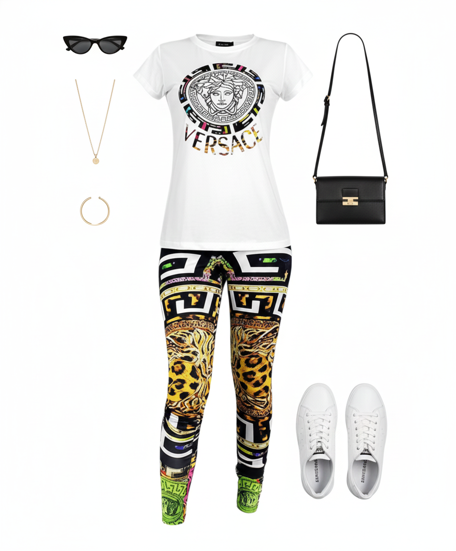 Conjunto con leggins estampados que estiliza con fuerza visual urbana
