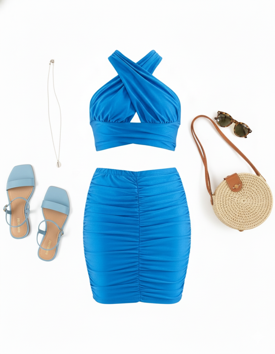 Conjunto falda corta y top cruzado que realza tu silueta con frescura moderna