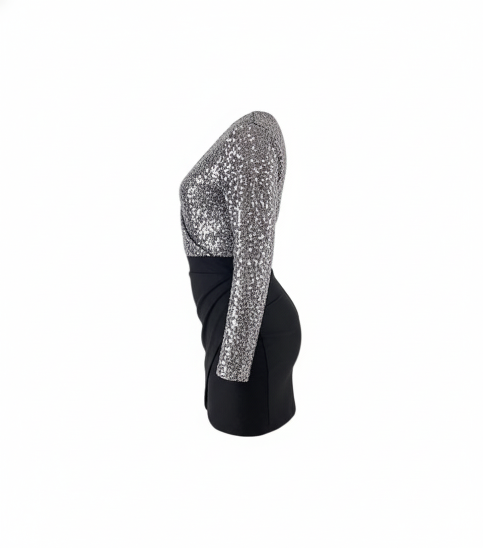 Vestido mini manga larga con brillo que realza tu silueta con elegancia festiva