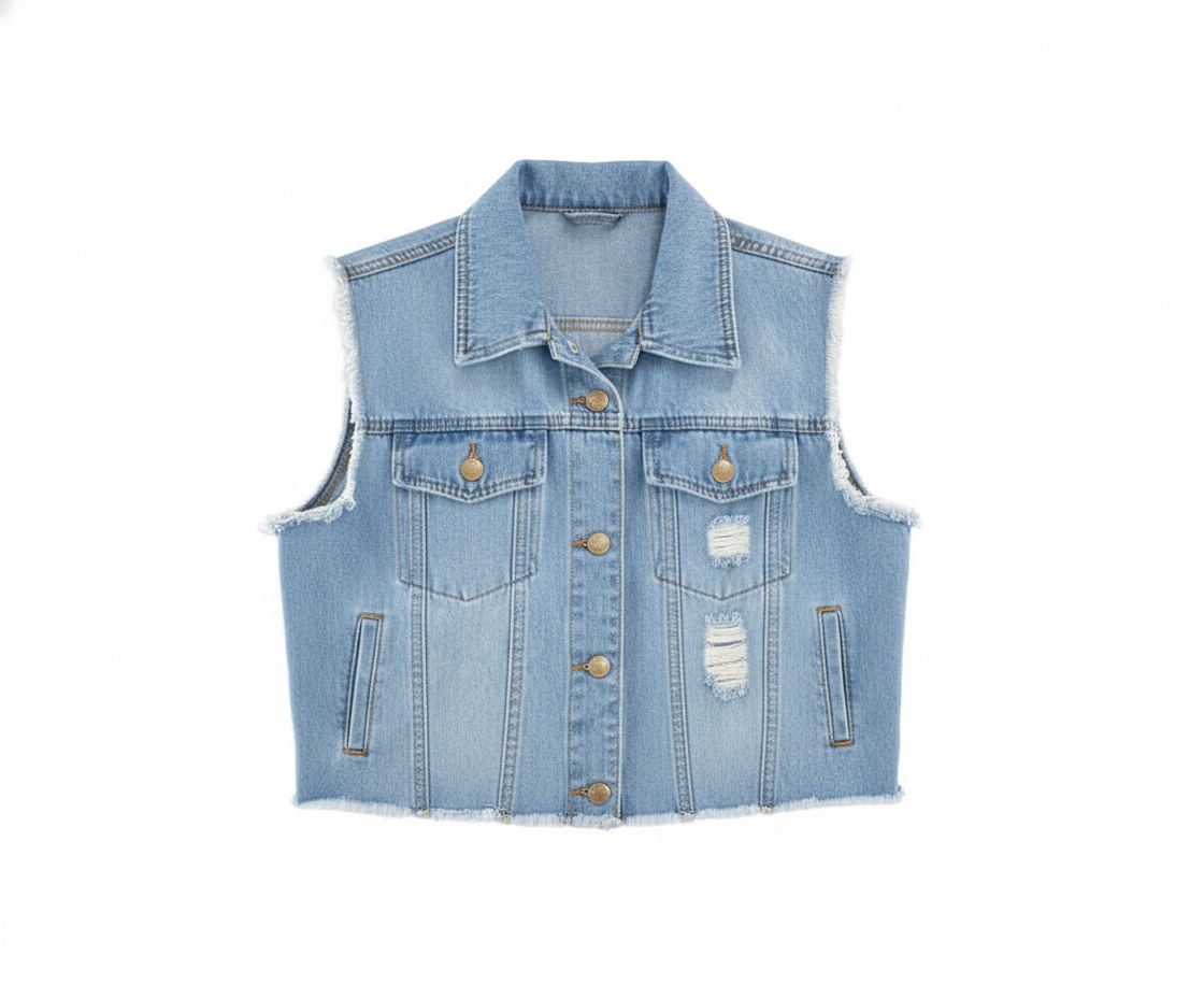 Chaleco denim con orillas rasgadas que define tu actitud casual con estilo