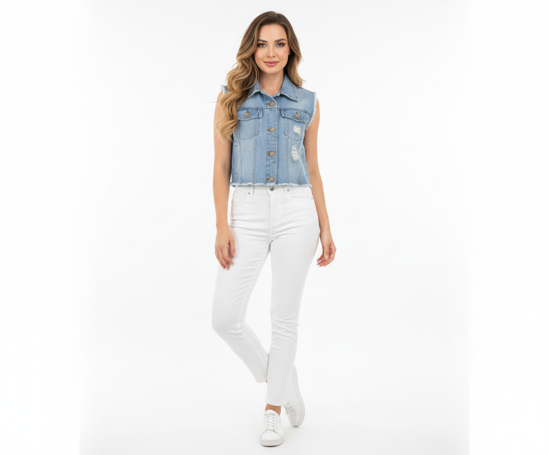 Chaleco denim con orillas rasgadas que define tu actitud casual con estilo