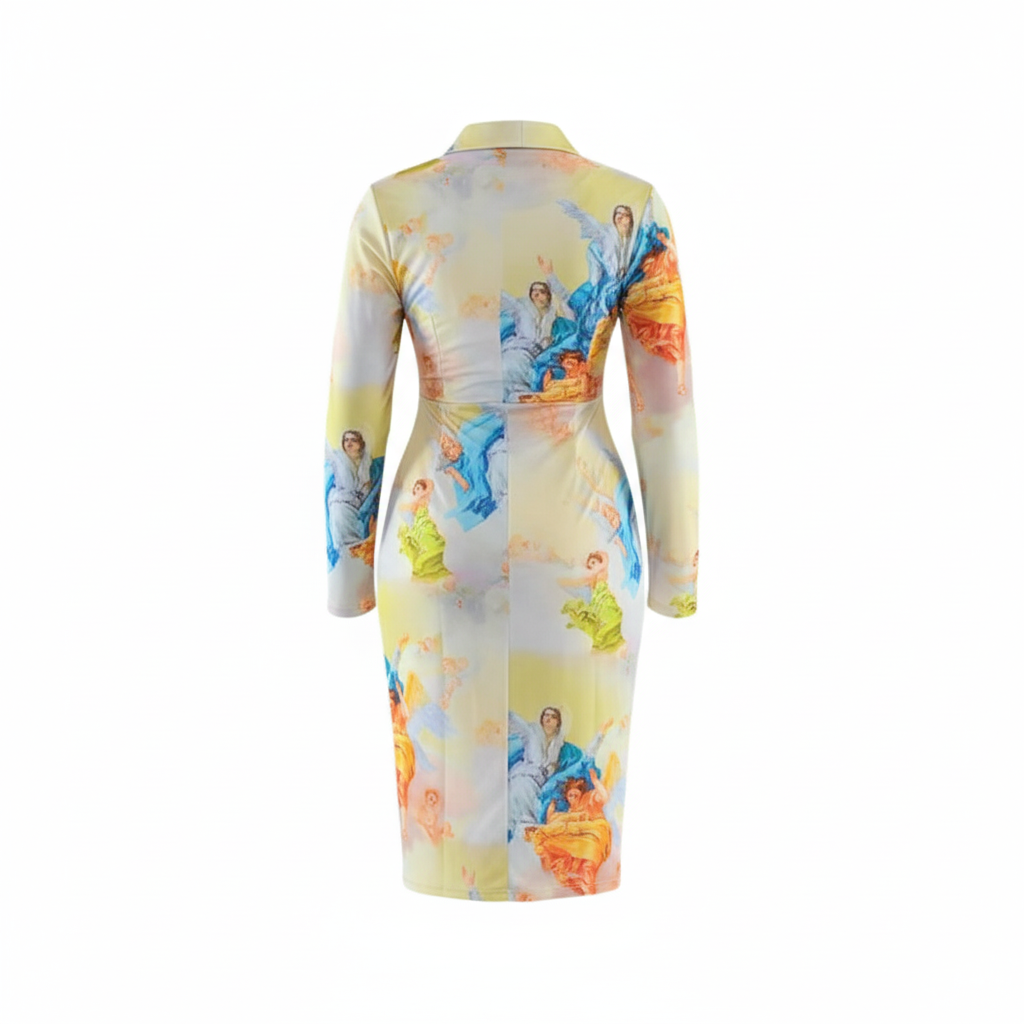 Vestido corte chanel con estampado celestial que estiliza con arte visual