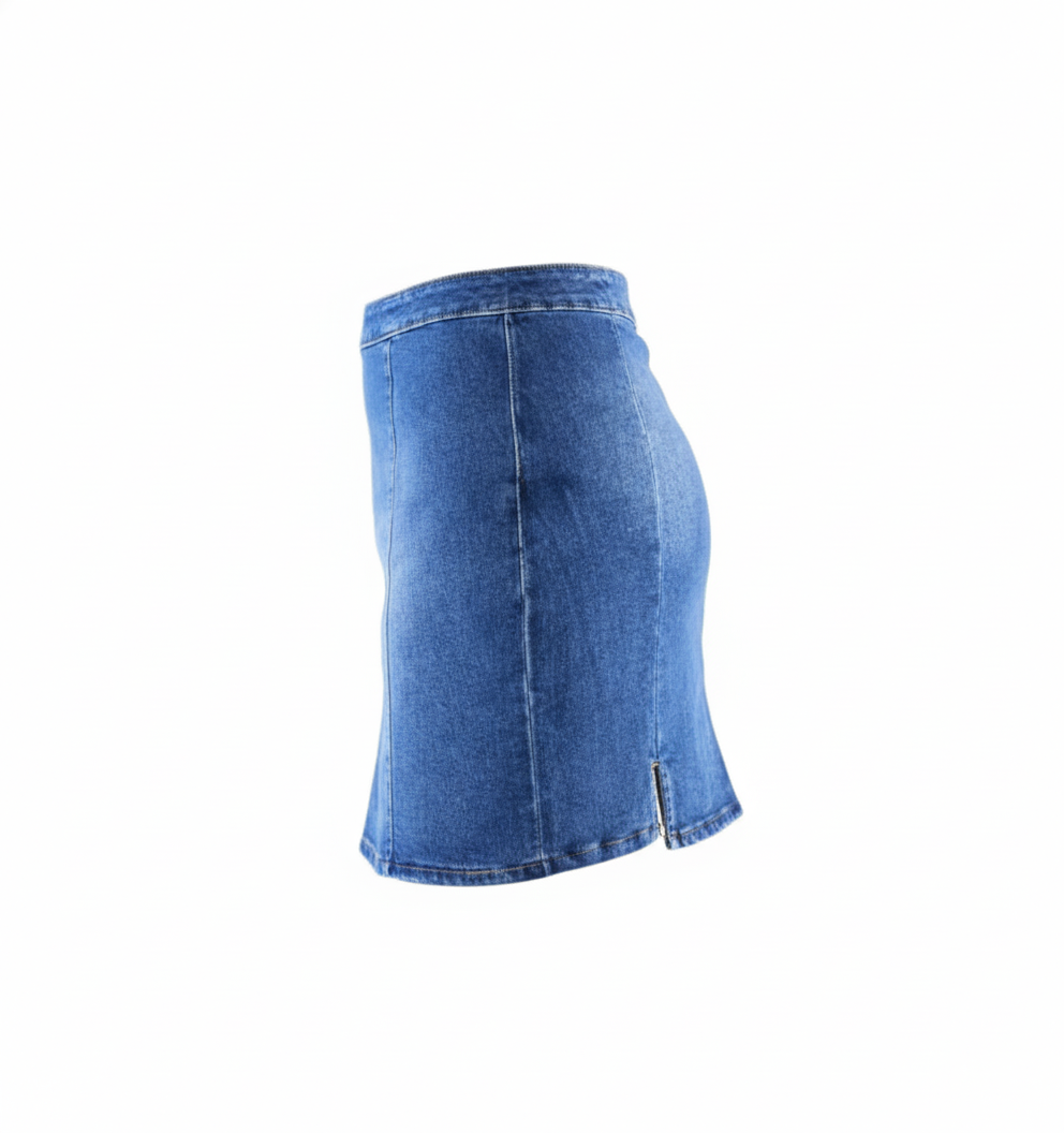 Falda de mezclilla al muslo que equilibra tu figura con frescura estructurada