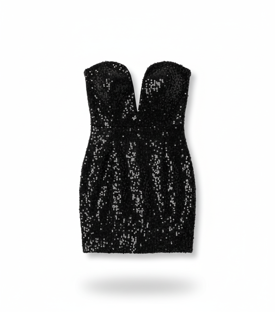 Minivestido strapless de lentejuelas que roba miradas con sensualidad festiva