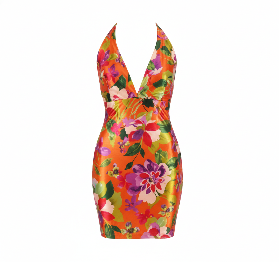 Vestido corto satinado con cuello halter que resalta tu figura con flores vibrantes