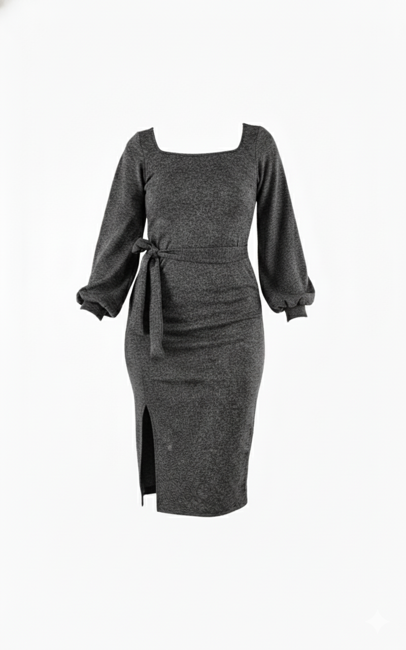 Vestido manga larga con brillo sutil que define tu cintura con elegancia relajada