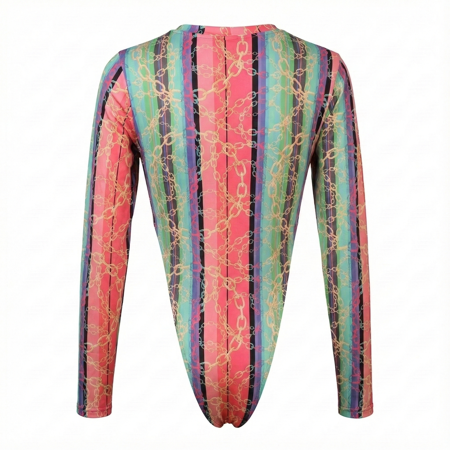 Pantyblusa brasileña de rayas multicolor con cadenas doradas y espalda descubierta