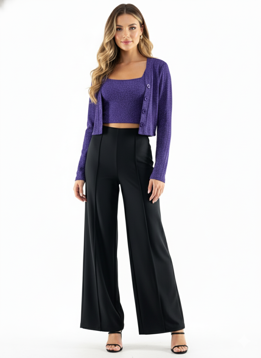 Conjunto acampanado de tres piezas con brillo sutil que estiliza tu silueta